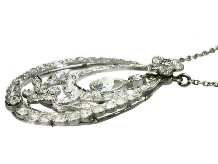 Edwardian pear diamond solitaire pendant, flowery design (image 2 of 9)